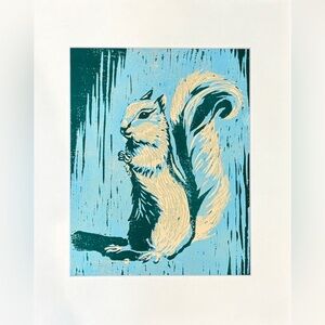 Squirrel Art Hand Printed Linocut Reduction Print Woodland Animal Art Matted
